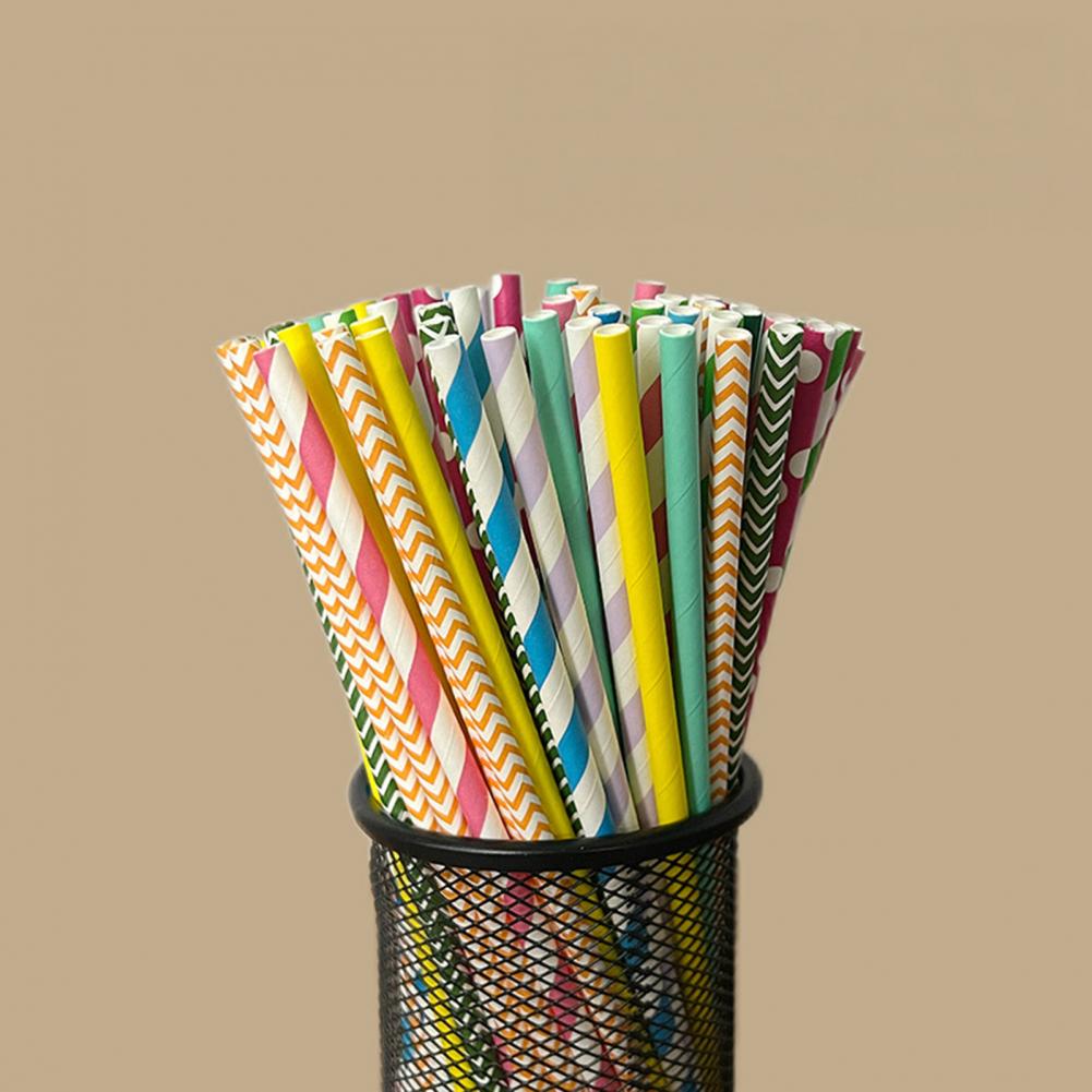 Paper Straw Color - 100Pcs 다채로운 줄무늬 인쇄 일회용 빨대