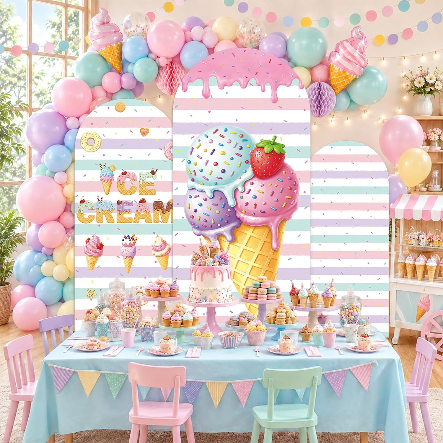 Dessert Table Backdrop - 맞춤 제작된 양면 스트라이프 무늬 아이스크림