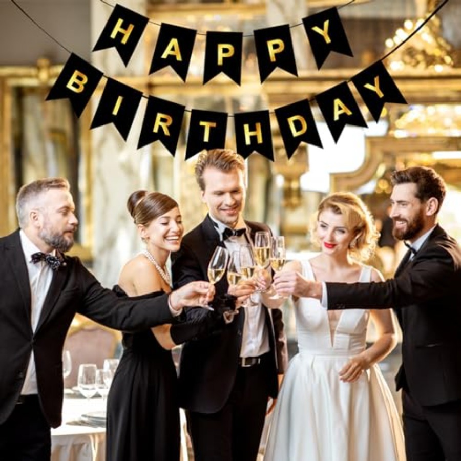 생일 축하 배너, 미리 묶인 블랙 앤 골드 파티 장식, - Party Banner Gold 리뷰 및 가격
