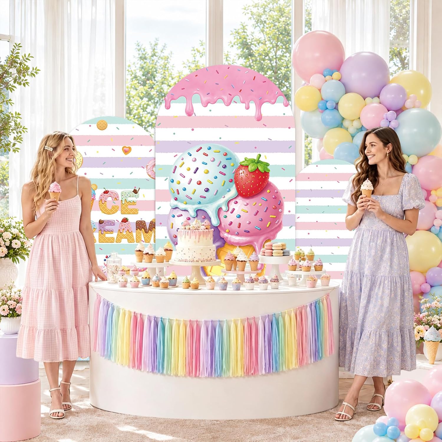 맞춤 제작된 양면 스트라이프 무늬 아이스크림 아치형 배 - Dessert Table Backdrop 리뷰 및 가격