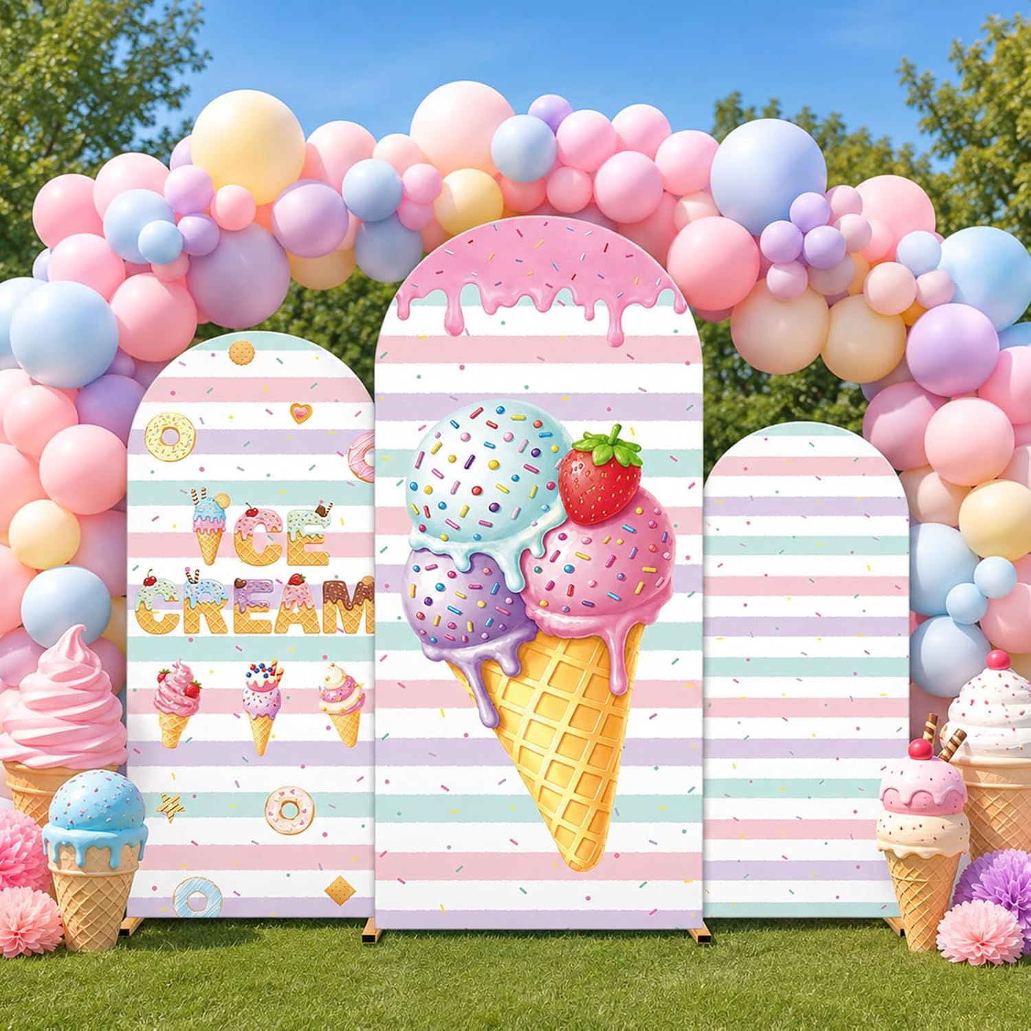 맞춤 제작된 양면 스트라이프 무늬 아이스크림 아치형 배 - Dessert Table Backdrop 리뷰 및 가격